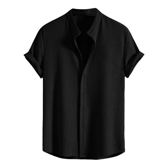 Besolor Men's Button down Shirts Ribbed Short Sleeve Basic Tee Shirts Solid Color Summer Vacation Beach Tops