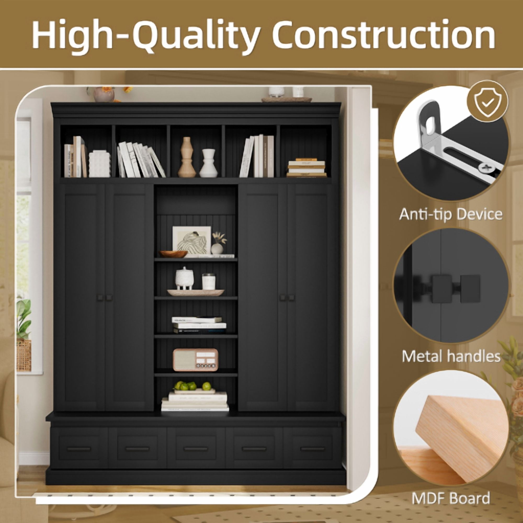 78.7" H Hall Tree with Bench and 5 Storage Cubbies, Modern Entryway Organizer Cabinet with 4 Doors, 5 Drawers, Adjustable Shelves, MDF, Metal Handles, for Hallway, Living Room, Black