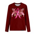 thumbnail image 3 of CLOISE Womens Breast Cancer Shirts Long Sleeve Crew Neck Blouses Butterfly Ribbon Pink Breast Cancer Awareness Tshirts Fashion Comfort T Shirts Cancer Fight in October Clothes Wine L, 3 of 4