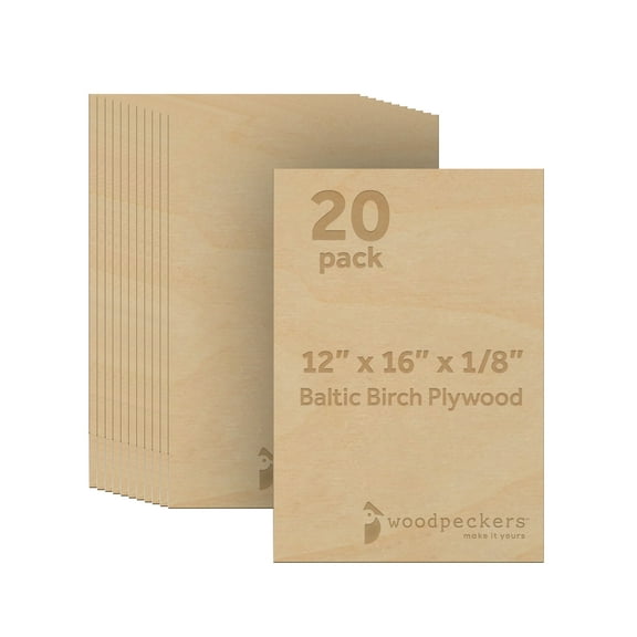 Baltic Birch Plywood, 12 x 18 x 1/8 Inch - 3 mm Craft Wood, Pack of 20 B/BB Grade Baltic Birch Sheets, Perfect for Laser, CNC Cutting and Wood Burning, by Woodpeckers