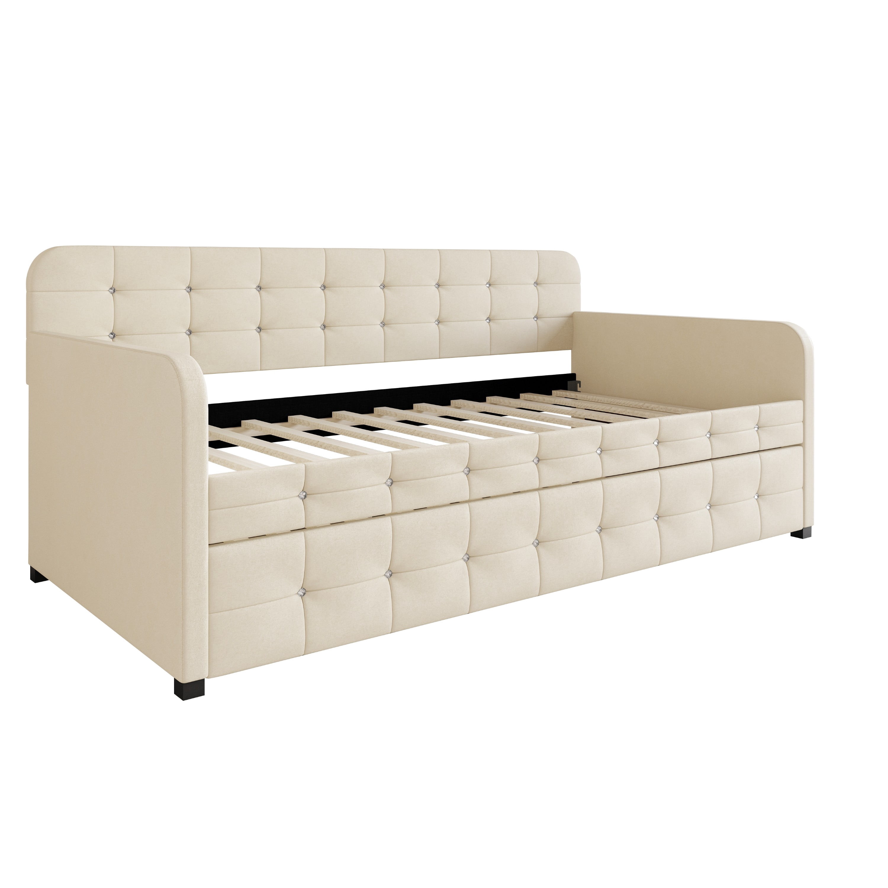 Home Design Elyria Twin Daybed with Velvet Upholstery, Diamond Button Tufting, Rounded Arms, Pull-Out Trundle, Solid Wood Frame, Stylish Seating and Sleeping, Beige