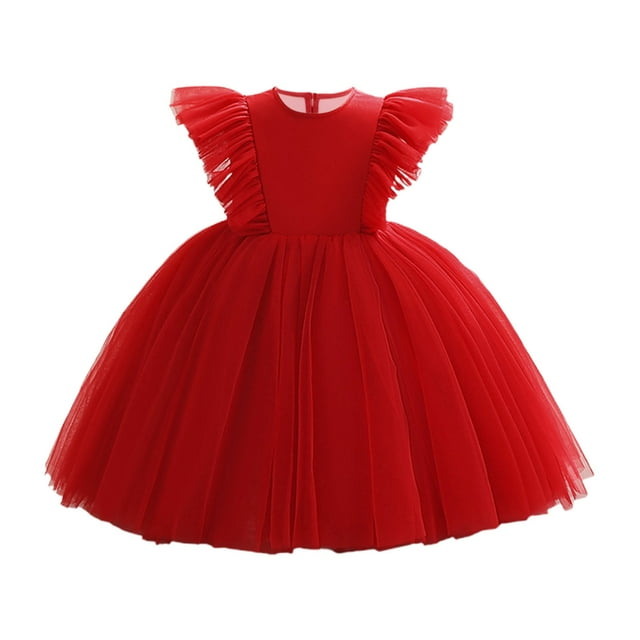 Yanlir Robe Sans Manches en Maille pour Fille Couleur Unie Manches Volantes Col Rond Robe de Soirée, Vêtements d'Été Respirants à la Mode, Tenue Style Princesse Mignonne (Rouge, 7-8 Ans)