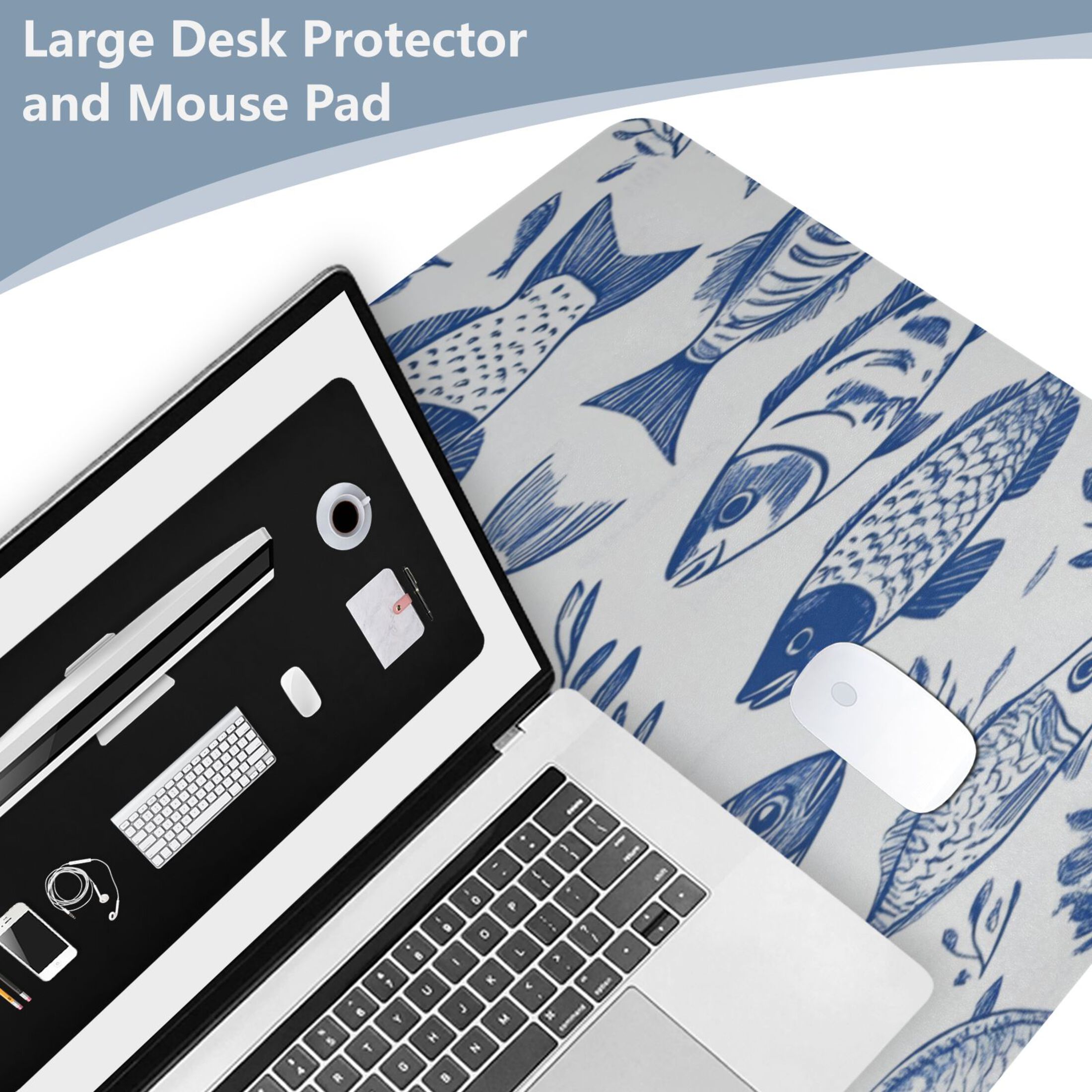 Leather Keyboard and Mouse Desk Mat Office Desk Accessories Protective Office Desk Decor Desk Pad Mat for Gaming, Work from Home, Office Hand-drawn Fish 16.5" x 35.4"