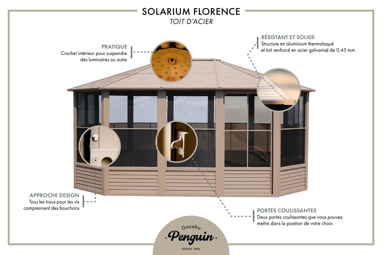 Gazebo Penguin Florence Solarium Metal Roof 12 ft. x 15 ft. in Sand