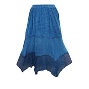 Mogul Women's Peasant Long Skirt Blue Embroidered Elastic Waist Skirts