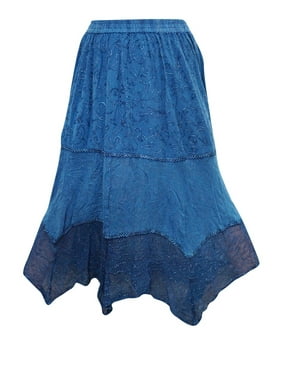 Mogul Women's Peasant Long Skirt Blue Embroidered Elastic Waist Skirts