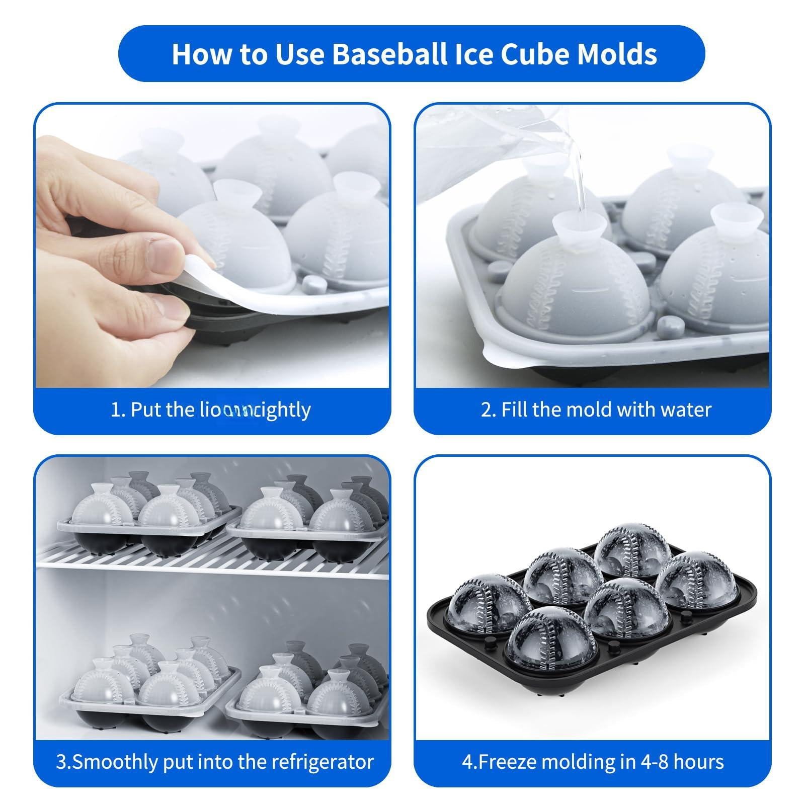 6 Chamber 2.2" 3d Baseball Gifts Ice Cube Tray With Funnel Large Round Ball Maker Mold Silicone Fun Shapes Sphere Molds For Chilling Brandy And Beverages
