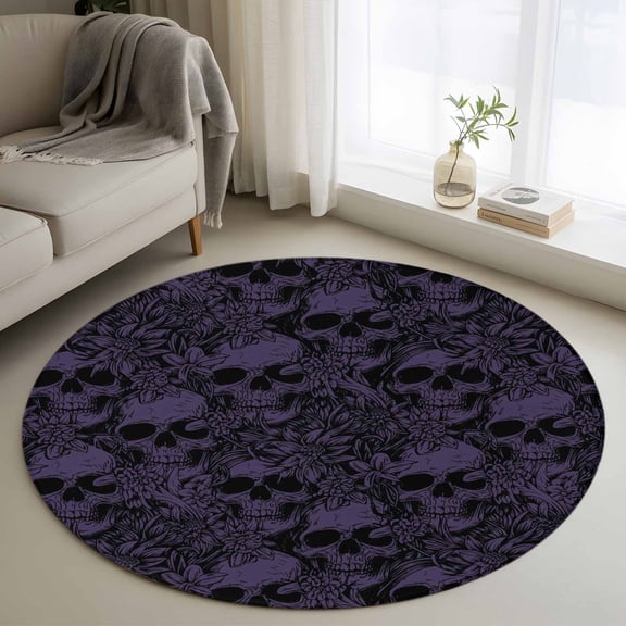 Round Area Rug 4 Ft, Halloween Washable Non-Slip Circle Carpet for Living Room/Bedroom, Purple Skull Monochrome Watercolor Low-Profile Crawling Mats Collection Rugs for Indoor