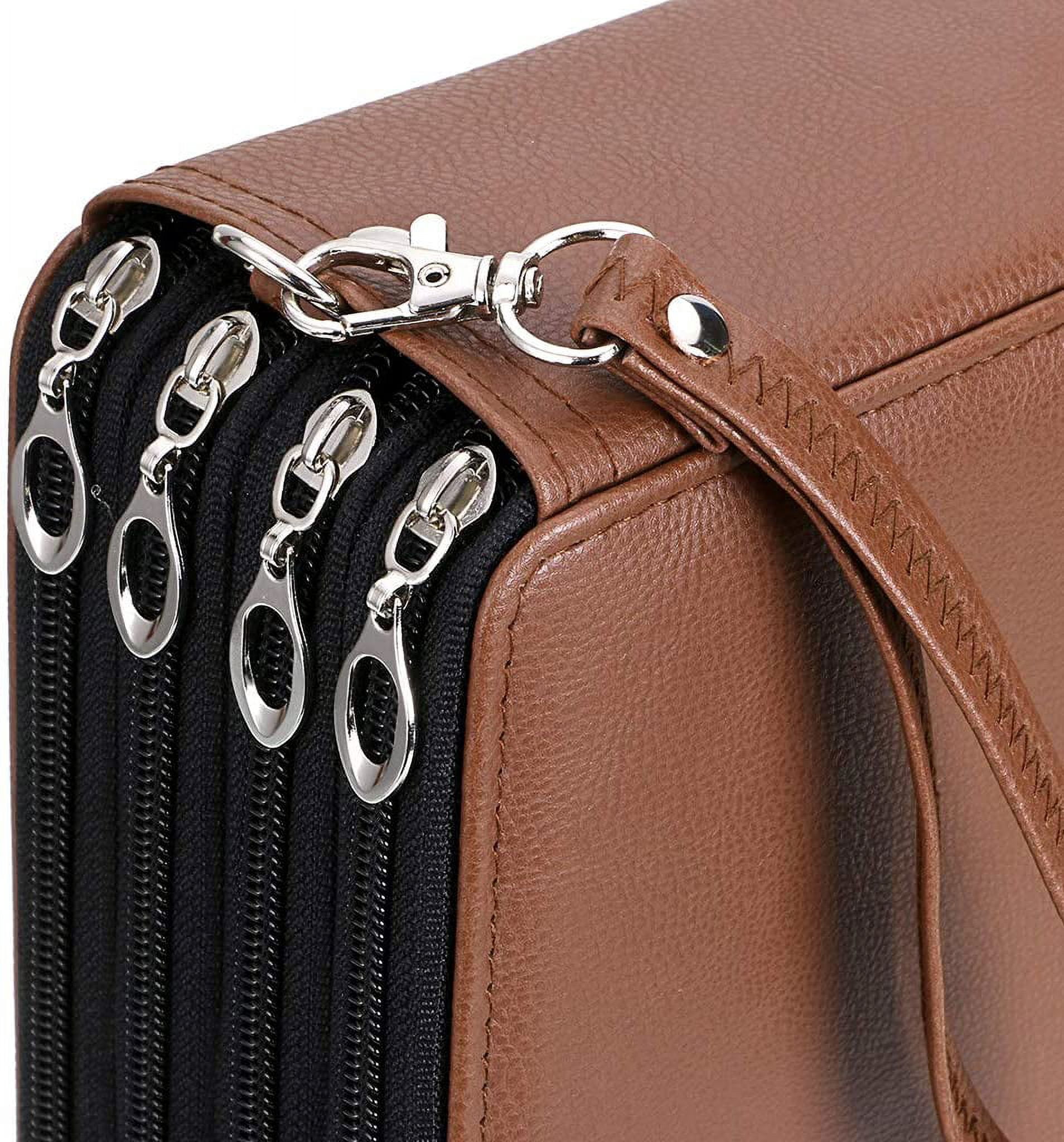 200 Slots Colored Pencil Organizer - Deluxe PU Leather Pencil Case Holder with Removal Handle Strap Pencil Box Large for Colored Pencils Watercolor Pencils Brown