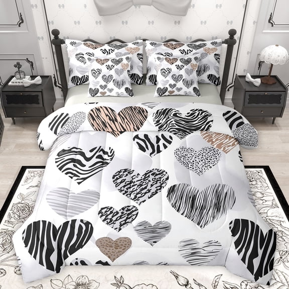 Manfei Modern Fashion Art Twin Bedding Sets 7-Piece, Grey Stripes Love Heart Bedding Comforter Set, Teens Kids Boys Girls Reversible Sheet Sets, Breathable Home Decor