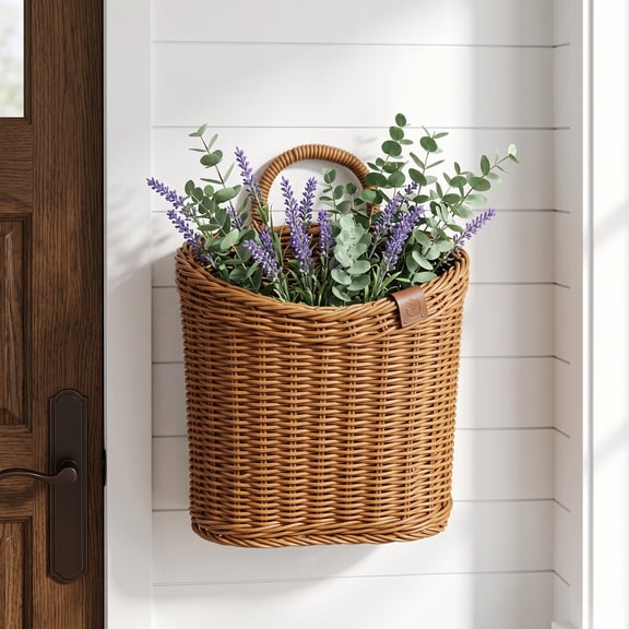 Woven Hanging Wall Basket for Front Door – Imitation Wicker Door Basket for Mail, Flowers & Home Storage, Wall Hanging Basket for Garden Farmhouse