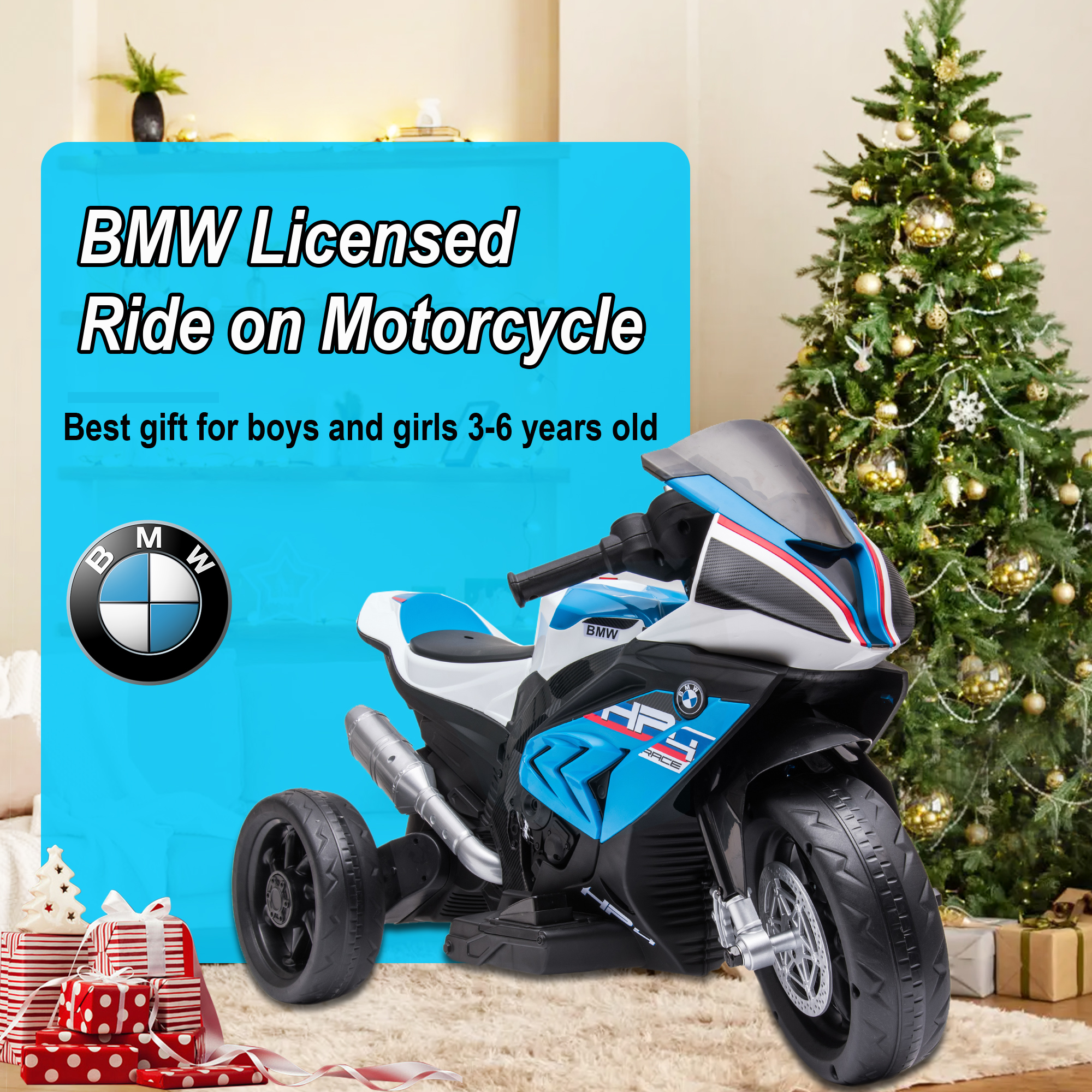 12V 2 Seater Kids Electric Motorcycle for 3-6 Years Old, Battery Powered Ride on Motorcycle Toy w/ Music and LED Light, Motorized Dirt Bike for Boys Girls, 3 Wheels, Blue