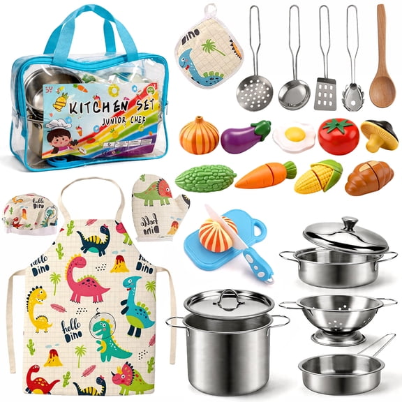 Caunedy Play Kitchen Accessories,Stainless Steel Play Pots Pans Sets for Kids,Apron,Chef Hat,Kitchen Set for Kids Ages 3-12 Girls Boys Gifts