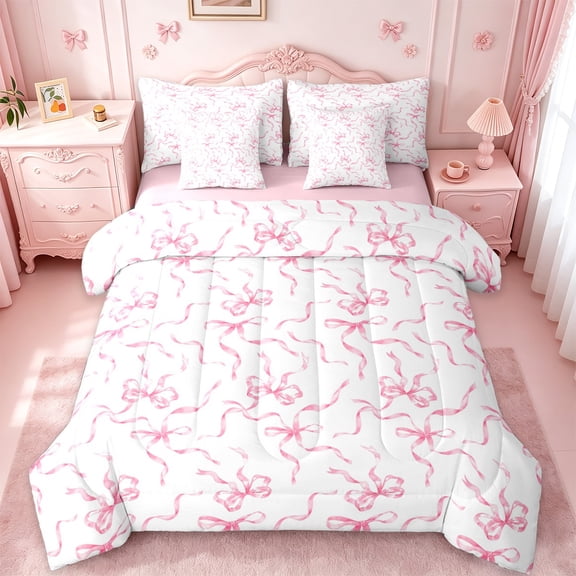 jejeloiu Cute Bowknot Twin Bedding Sets 7-Piece,Ribbon Bow Bedding Comforter Set,Pink White Sheet Sets For Girls,Super Cozy Bedroom Decor Reversible