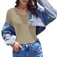 thumbnail image 3 of Camiseta Básica Ajustada de Punto Acanalado con Cuello en V y Larga para Mujer Crema M, 3 of 8