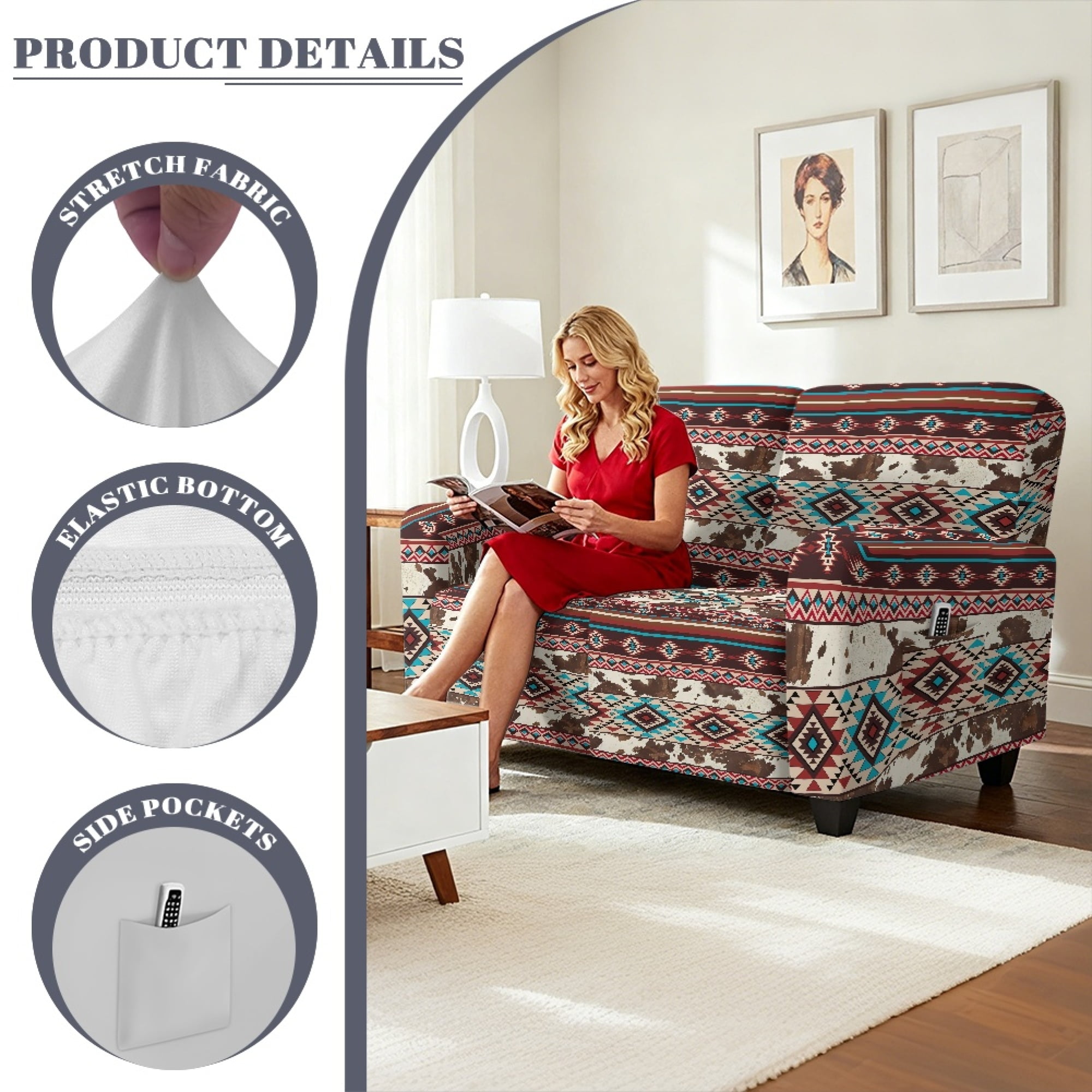 TSOVTHRID Aztec Tribal Cow Pattern Reclining Loveseat Slipcovers, 6-Piece Soft Stretch Sofa Cover, 2 Seat Washable Loveseat Recliner Covers for Dogs Cats