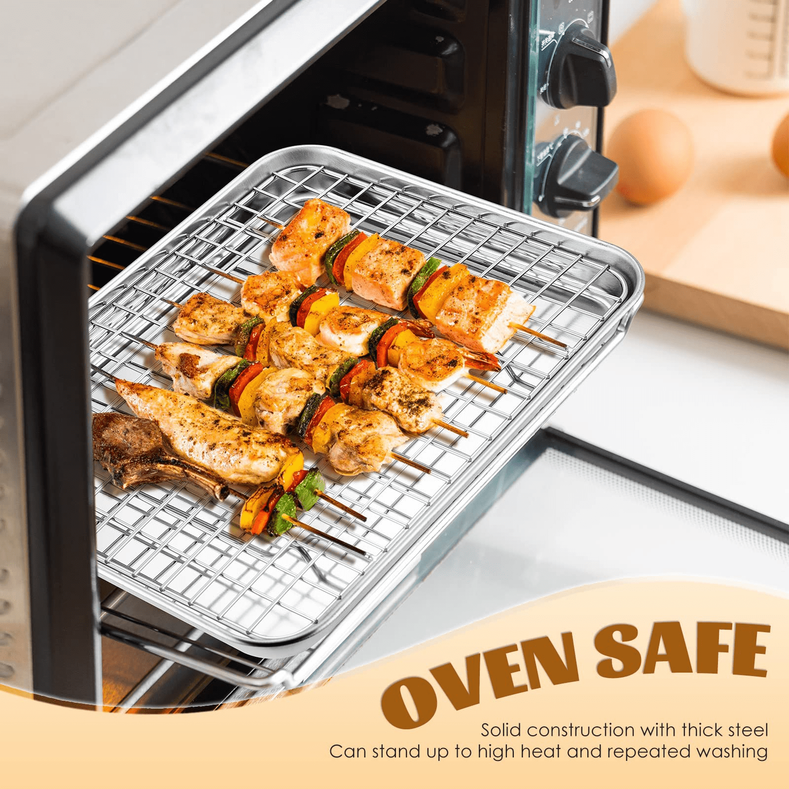 Cookie Sheet with Rack Set, E-far 16”x12” Stainless Steel Baking Sheet Pan  for Oven Cooking, Rimmed Metal Tray with Wire Rack & Silicone Baking Mat
