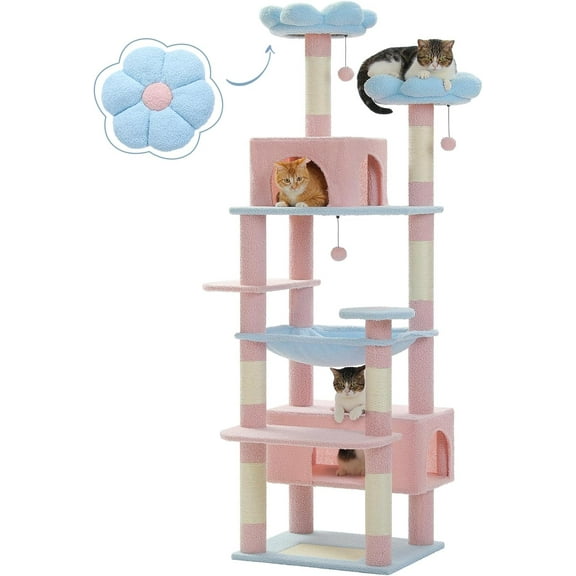 DEXS Large Cat Tree, Cat Tower for Large Cats, Cat Condo with Sisal-Covered Scratching Posts and Pads, 2 Padded Perch, Dual Condo and Basket for Indoor Cats-Blue-72