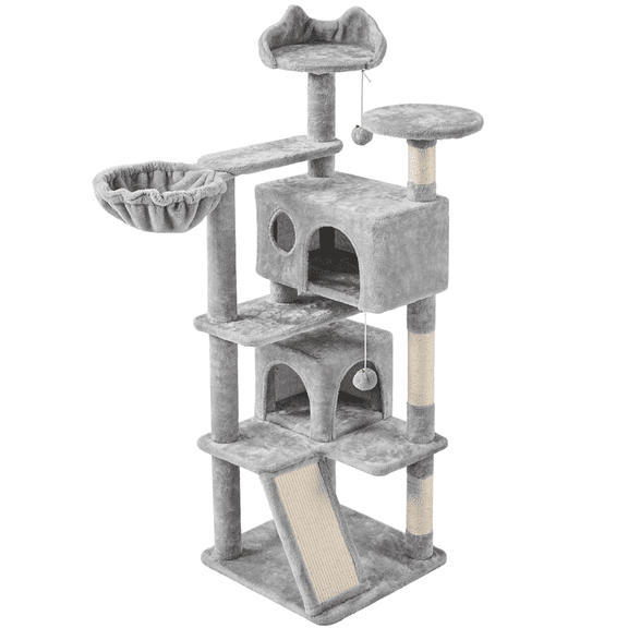 Alden Design 57" Double Condo Cat Tree with Scratching Post Tower, Light Gray