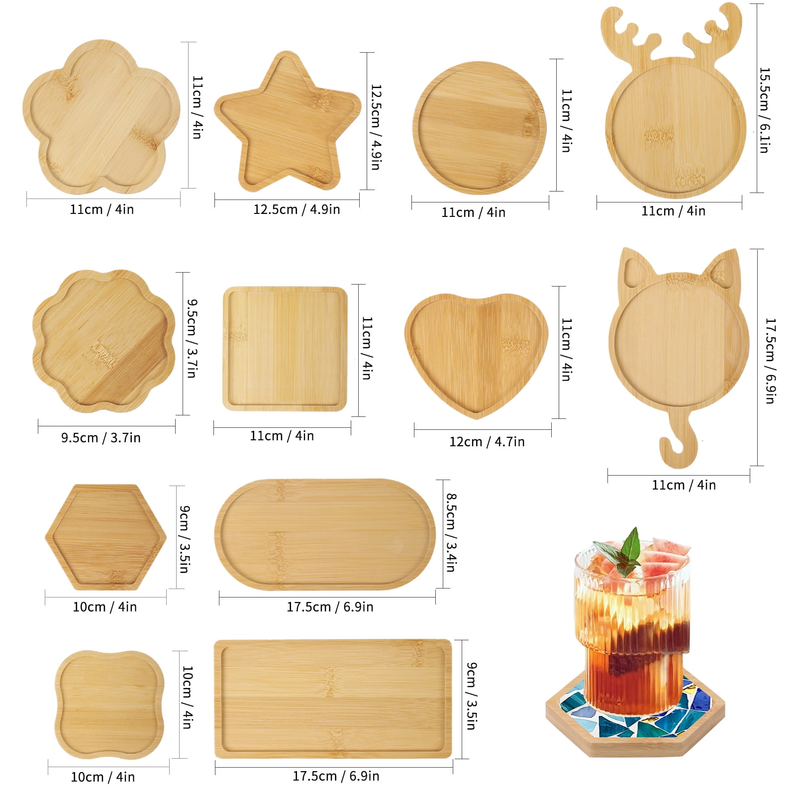 12 pcs Wooden Mosaic Bases, Assorted Shapes DIY Blank Base Trays Drinking Cup Coaster Wood Surface for Handmade Glass Tile Crafts & Mosaic Art Supplies