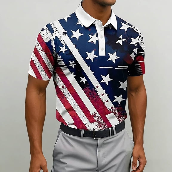 Conairie Mens 4th of July Polo Shirts Button Stand Collar Short Sleeve Patriotic Golf Shirt American Falg Print Holiday Commemorative Tops Blue L