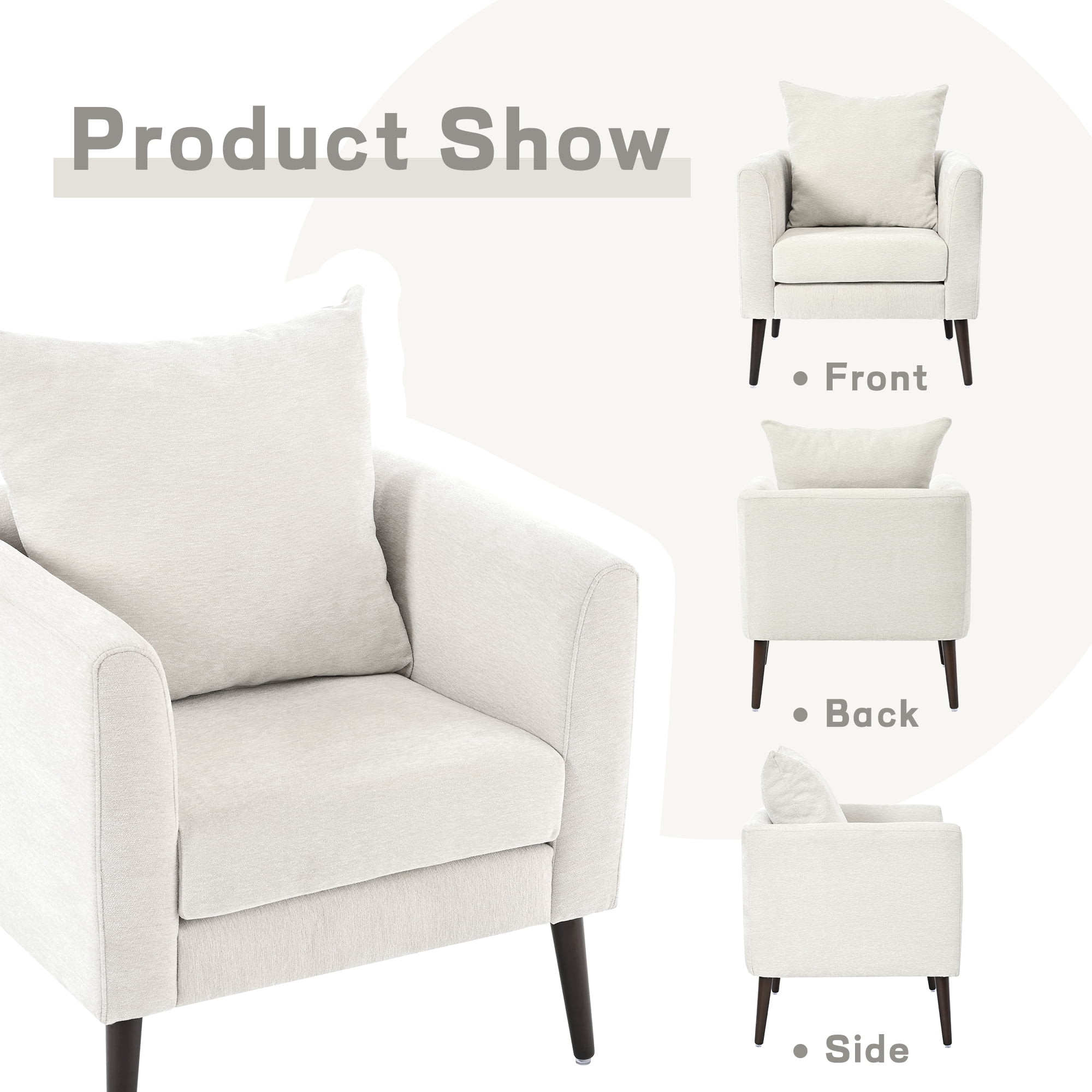 Barrel Accent Chair Upholstered Armchair with Back Pillow Modern Reading Chairs for Living Room, Beige