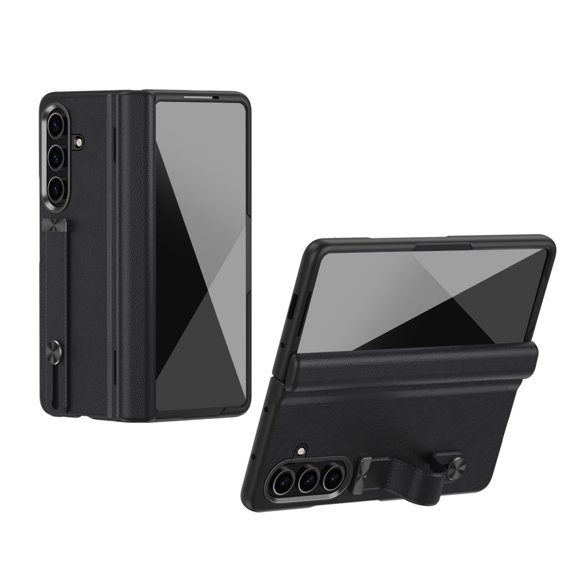 Slim Case for Samsung Galaxy Z Fold 7 [Built-in Screen Protector], Finger Ring Buckle Kickstand PU Leather [Comfortable Touch] Cover, Shockproof Full Protective Case for Galaxy Z Fold 7, Black