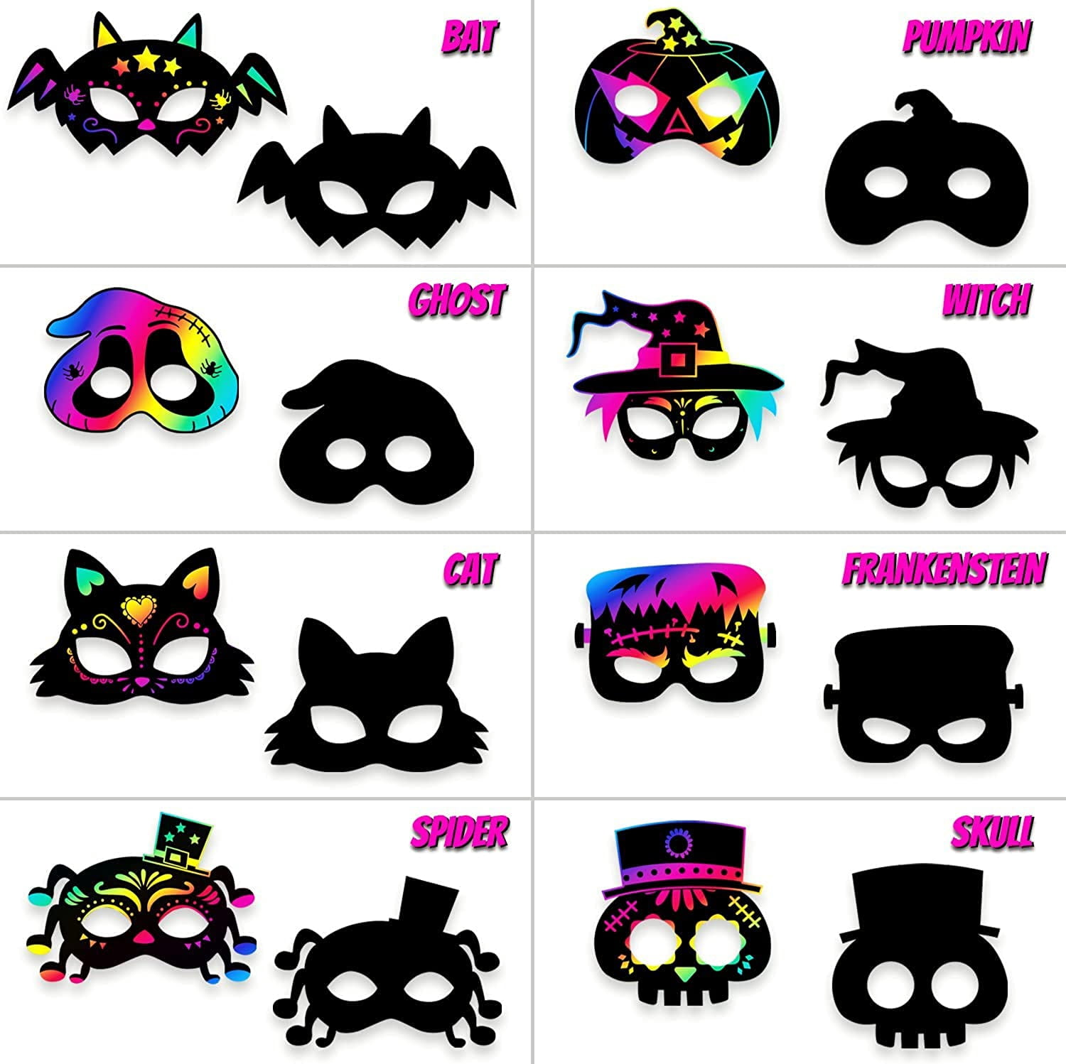 24PCS Scratch Paper Halloween Masks Skeleton Cat Witch Pumpkin Bat Spider Masks DIY Scratch Art Kit for Kids Party Decor Gift