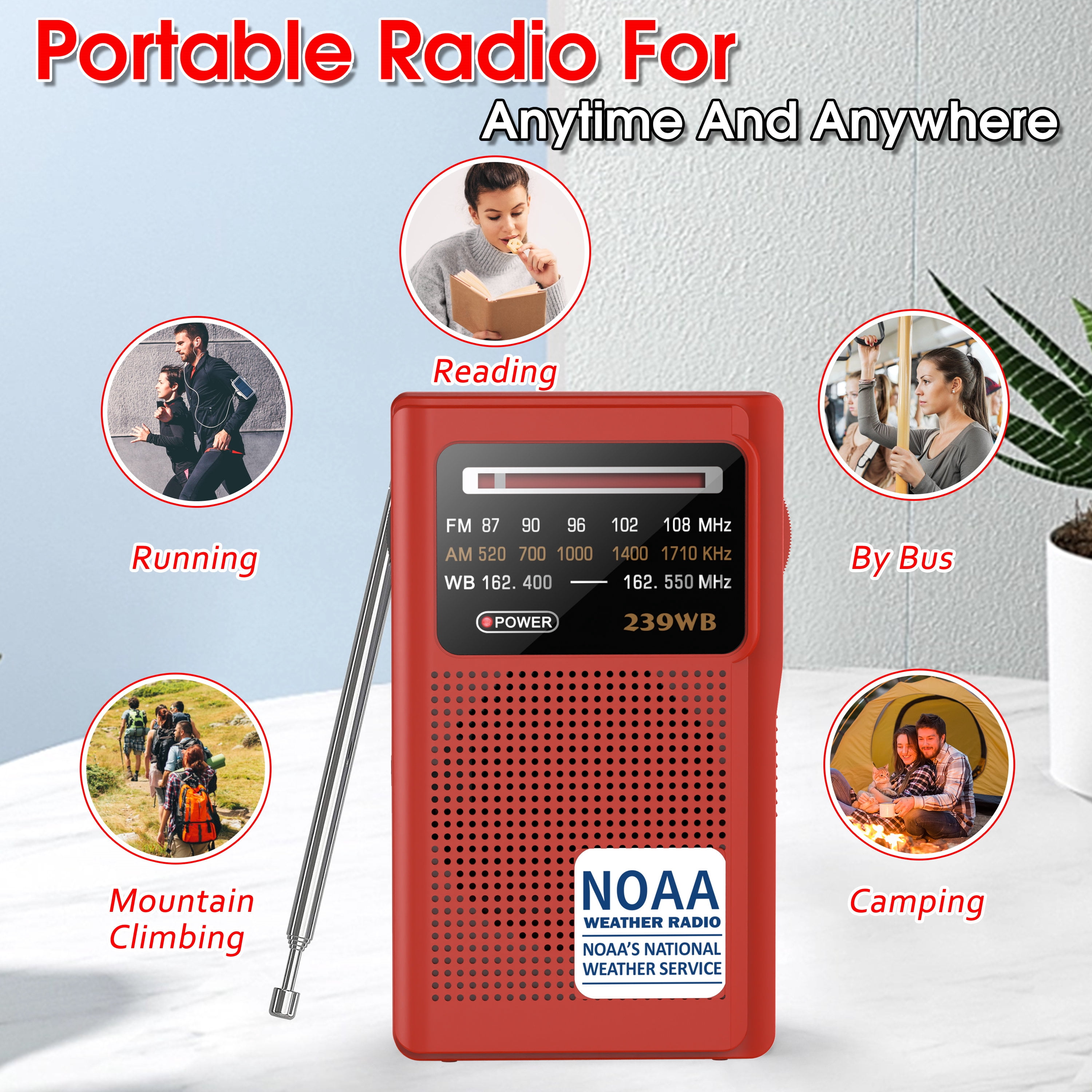 Jazmm NOAA Weather Radio, Battery Operated Transistor Radio with 3.5mm Stereo Earphone Jack, Best Reception, Powered by 2 AA Batteries for Emergency, Outdoor & Home Use (Red)