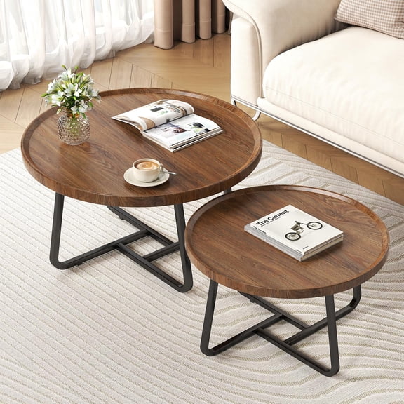 Senfot Mid Century Modern Nesting Coffee Table Set of 2, Round Wood Side Table for Living Room Walnut