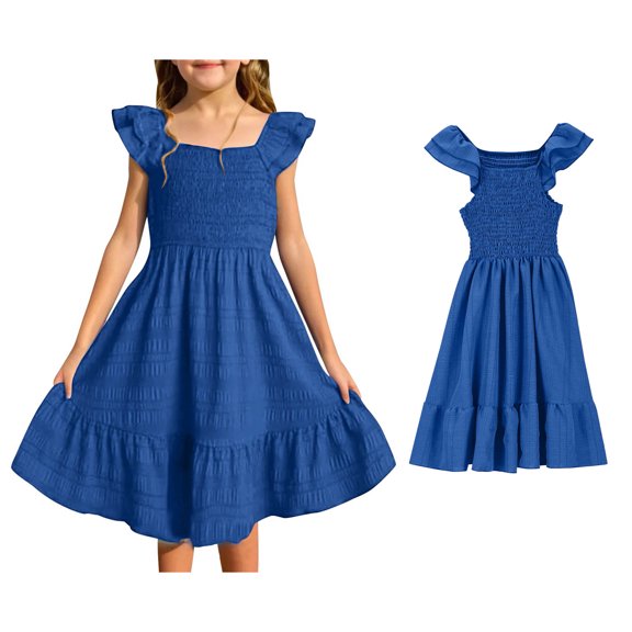 Girl Summer Dresses Ruffle Sleeve Girls Casual Dresses Smocked Swing Flowy Dresses Dress for Girls 4-5 Years