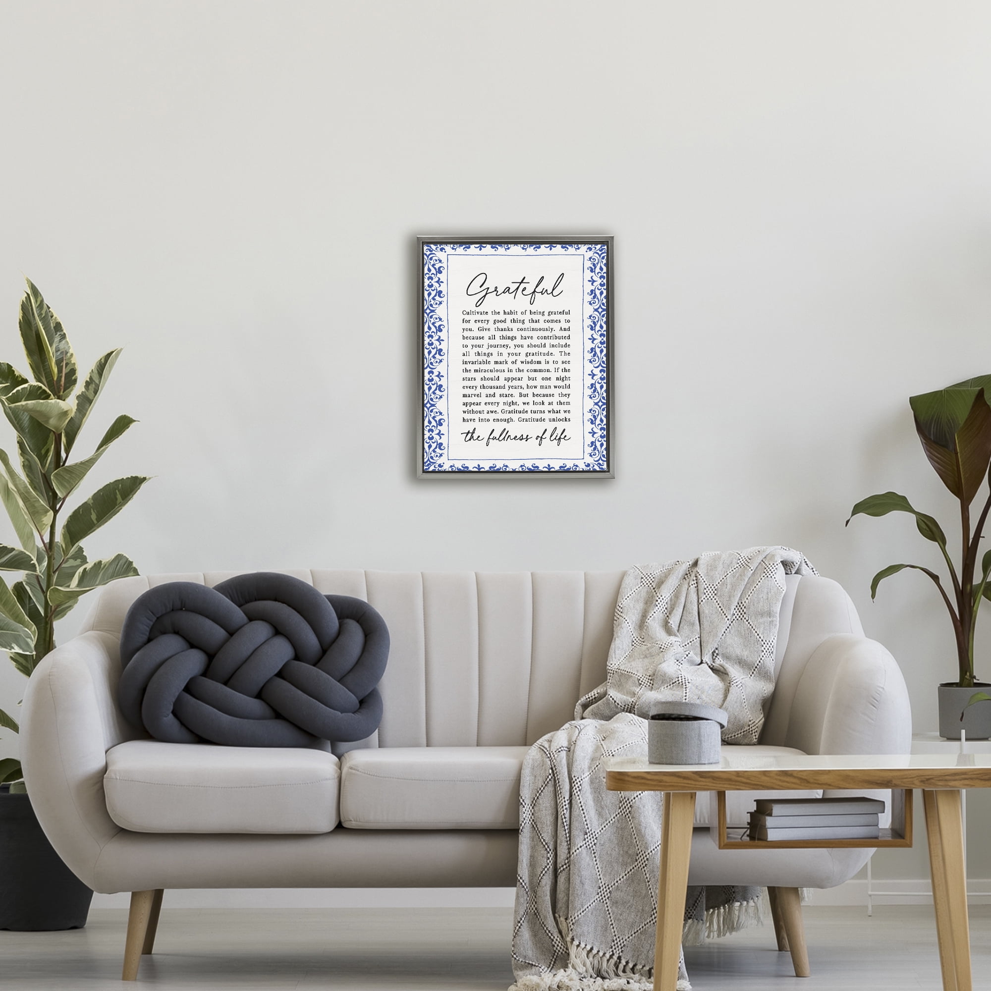 Gratitude Unlocks Fullness Of Life Gray Framed Floater Canvas Wall Art, design by Lettered and Lined
