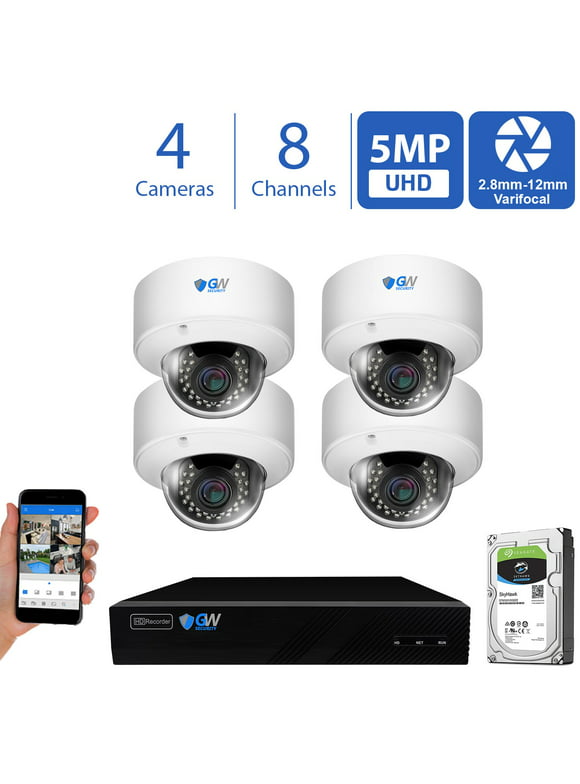 GW High End 8 Channel Ultra 4K NVR H.265 5 Megapixel IP PoE Security Camera System - 4 x 5MP Super HD 1920p Weatherproof 2.8-12mm Lens Dome Camera, 2TB HDD