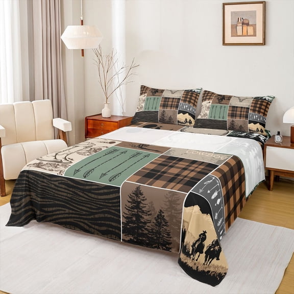 Homewish Cowgirl Cowboy Adult Twin Sheet Sets, Fashion Zebra Print Twin Fitted Sheet, Southwestern Countryside Flat Sheet, Brown Green Lightweight Room Decor, 3-Piece
