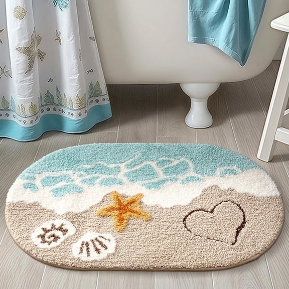 1ps Beach Bathroom Rugs Coastal Seashell Bath Mat, Funny Extra Soft Tufted Quick Dry Bath Mats for Bathroom, Ocean Wave Starfish Decor Carpet