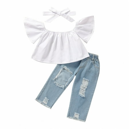 

Toddler Kids Baby Girls Off Shoulder Crop Tops + Hole Denim Jeans Pants Headband 3PCS Outfits Set 1-6Y For 5-6 Years