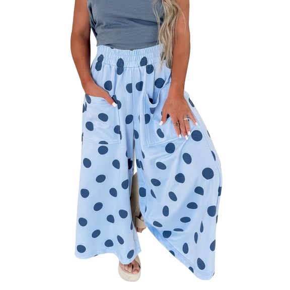 TinyCribz Women's Wide Leg Pants, Casual Sky Blue Polka Dot XL