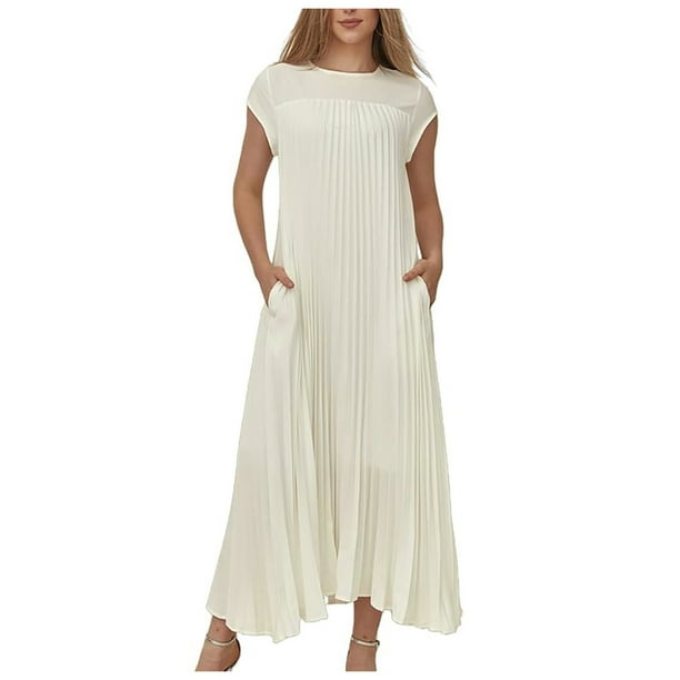 Vestido largo sin mangas plisado de poliéster para mujer - Cuello redondo, informal - Verano - Tallas S-XXXL