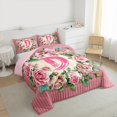 thumbnail image 3 of Homewish Romantic Rose Flower Queen Comforter Set for Teens, Initial D Letter Bedding Sets, Cartoon Pink Stripe Reversible Bedding Comforter Set, Super Cozy Room Decor, 3-Piece, 3 of 8