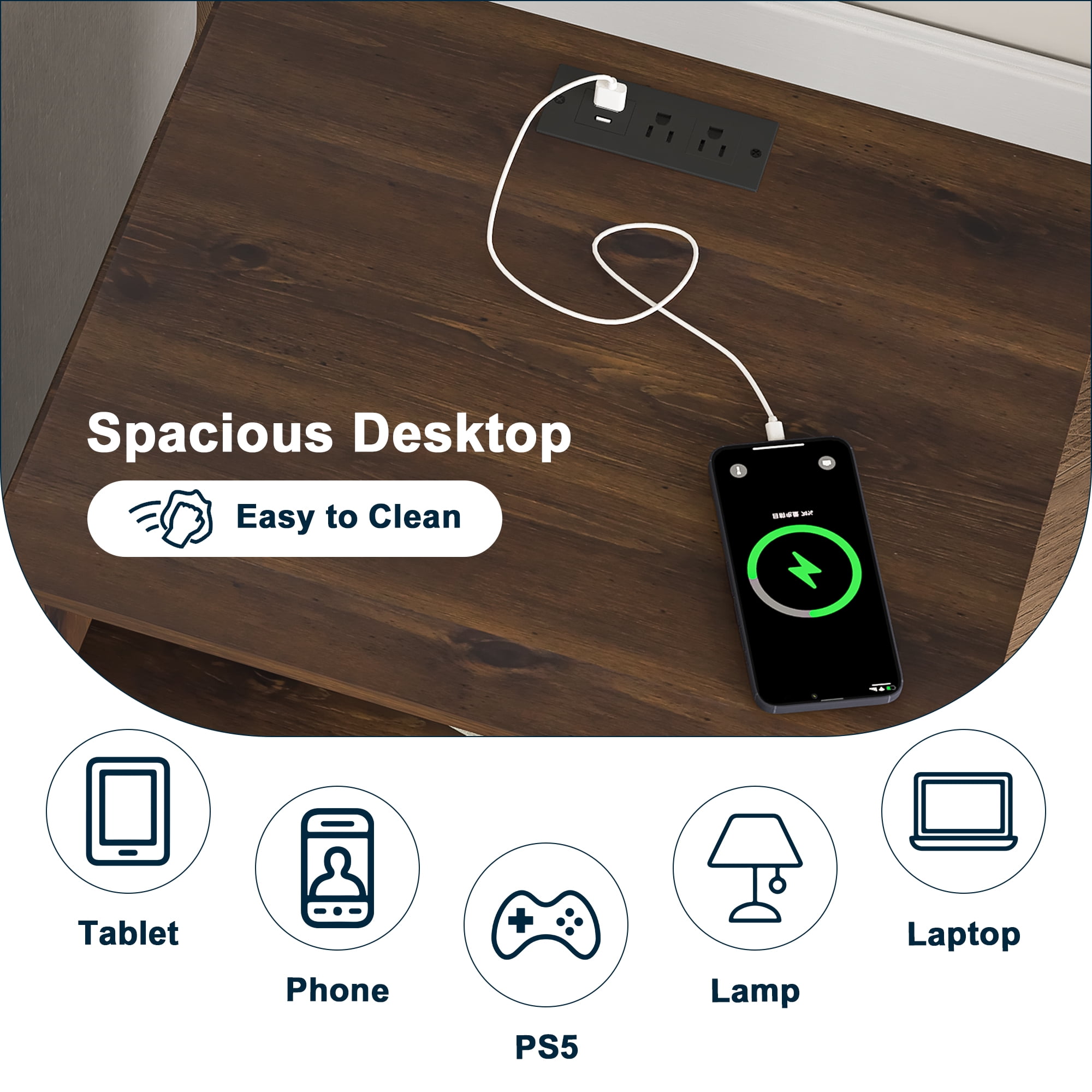 Demi Bonn 18.9" Side Table with Fast Charging Station USB C Cable Fast Charging, Wood End Table Nightstand with Drawer and Shelf for Living Room, Brown