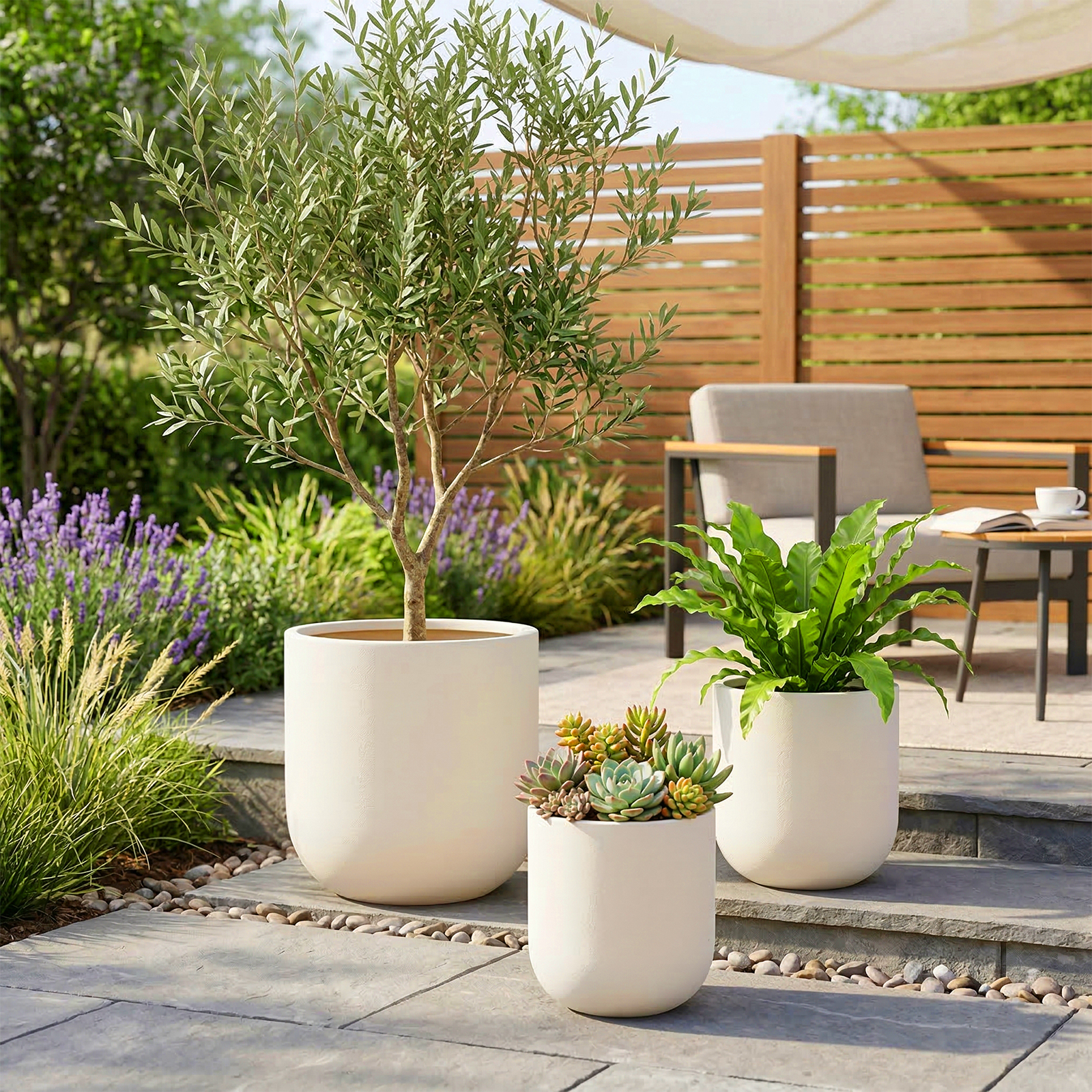 Foukus 3-Piece Large Concrete-Look Plastic Planters, Beige photo 5
