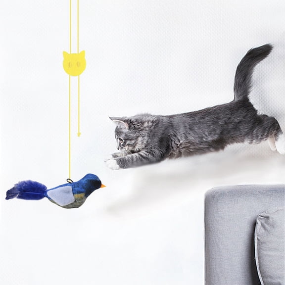 Realistic Bird Sound Cat Toy, Hanging Feather Teaser with Chirp Sound, Interactive Cat Toy for Indoor Cats Play & Exercise,Blue