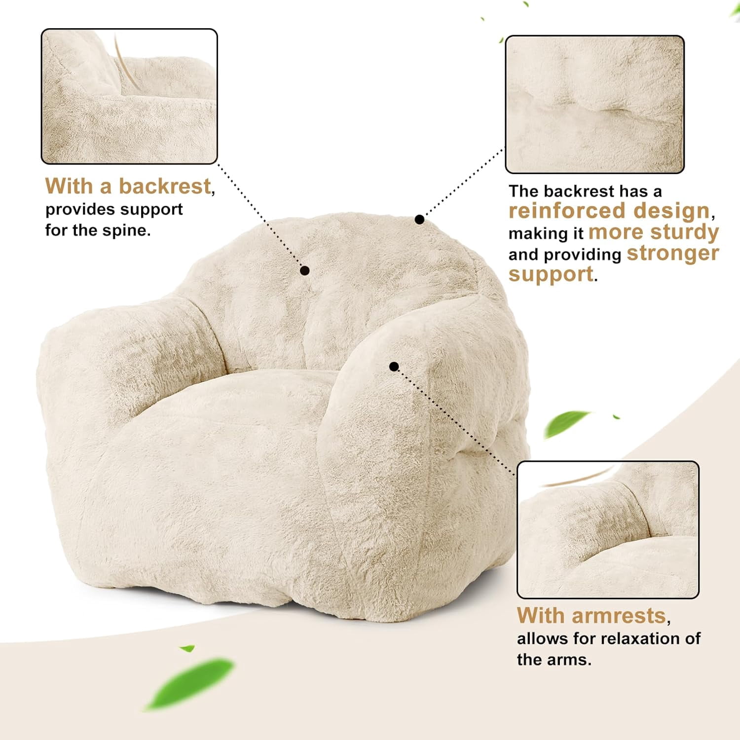 Bean Bag Chair, 39" Bean Bag Chairs for Adults Kids, Soft Beanbag Chair with Filler Included, High-Density Foam Bean Bag Sofa Chair with Armrests for Reading, Beige