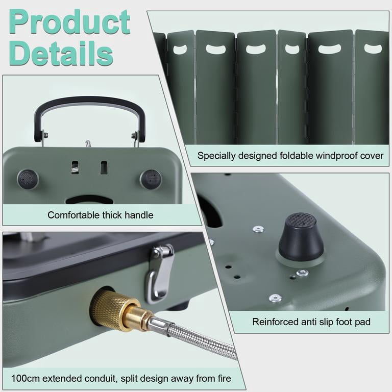 2 Burner Camping Stove with Windshield, 20000 BTU Propane Camp Stove, Portable Folding Gas Stove, Camping Essentials Gear Includes Frying Pan,Carry Bag, Green