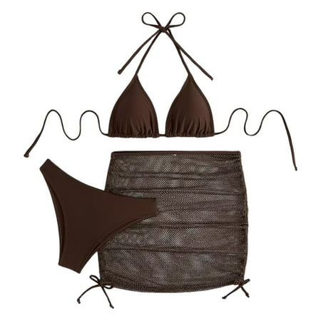 JIANJIA Womens Swimsuits Solid Color Sexy Backless Lace Up Halter Brassiere With Thongs Swimsuit Skirts Three Piece Bikinis Swimwears Activewear Brown S