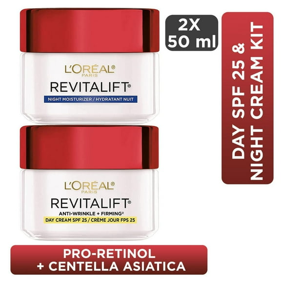 L'Oreal Paris Revitalift Anti-Wrinkle + Firming Anti-Aging Cream Day & Night Moisturizers , with Pro-Retinol & Centella Asiatica, 2x50 ml