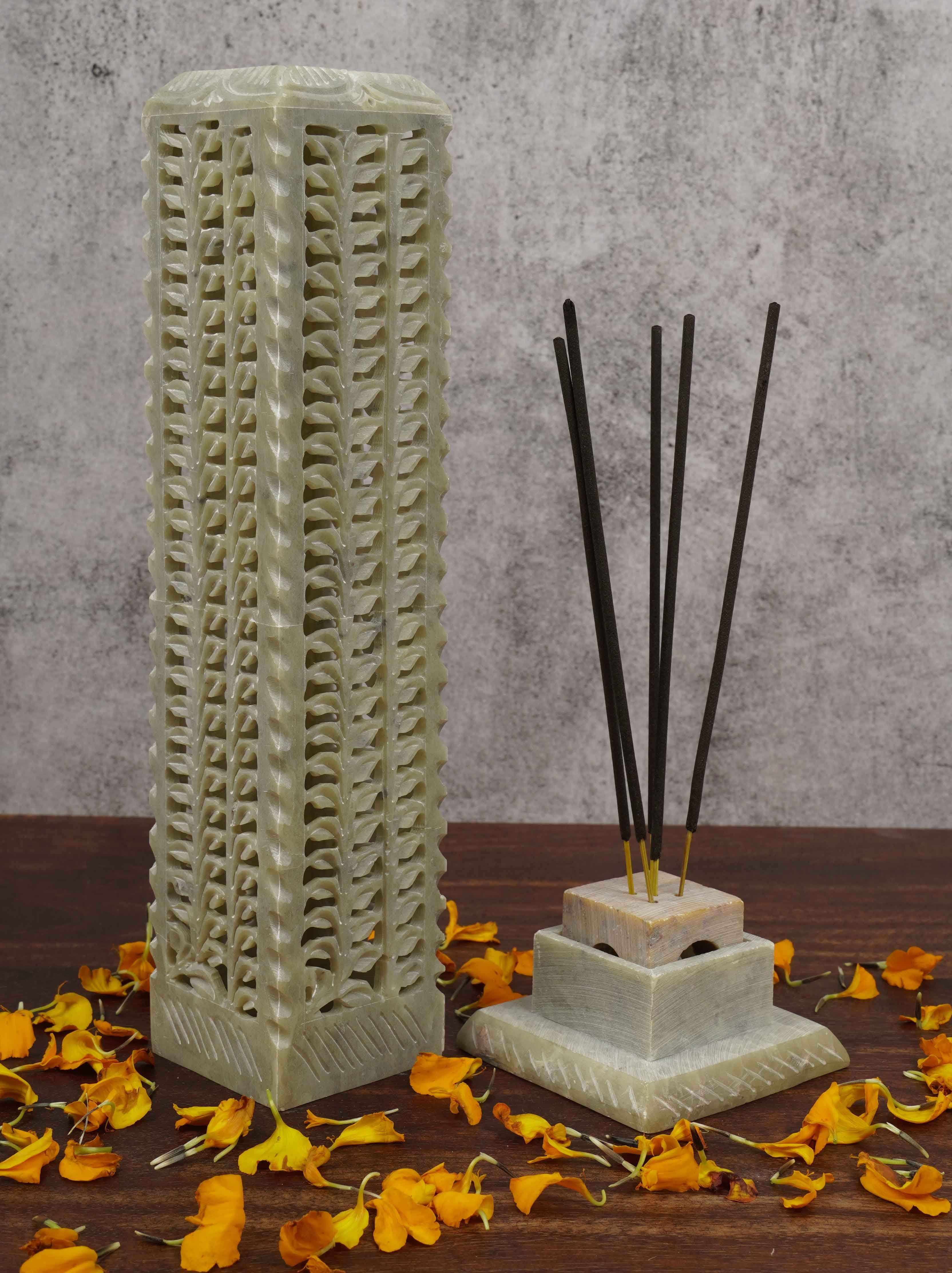 IBA Indianbeautifulart Handmade Stone Incense Stick Burner | Candle Stick Holder | Tea Light Burner , Perfect Floral Carving for Gifting- Decorative Home and Kitchen Decor (10.5x 2.2 Inches)