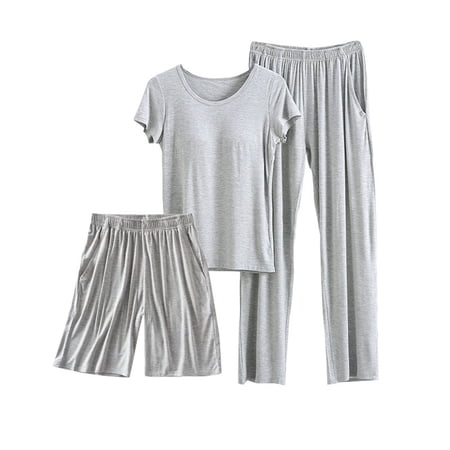 Soft Modal Pajamas Set for Women 3 Piece Built in Bra Nightshirt Short Sleeve and Shorts Long Pants Sleepwear (Medium Gray)