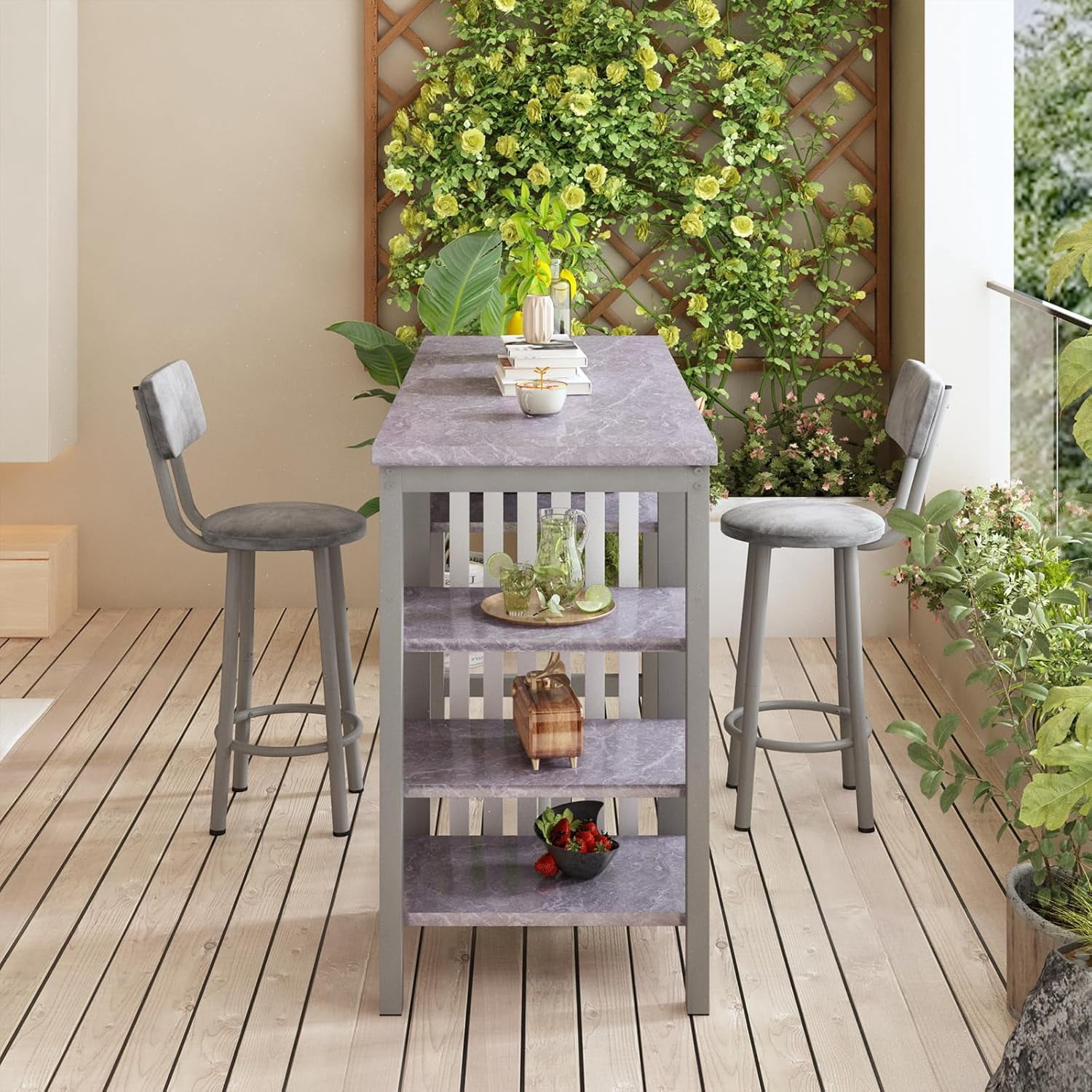 Cvortll Bar Table and Chairs Set, Kitchen Counter with 3 Tier Storage Shelves,3-Piece Faux Marble Table with 2 PU Cushion Bar Stools for Home & Kitchen,Grey