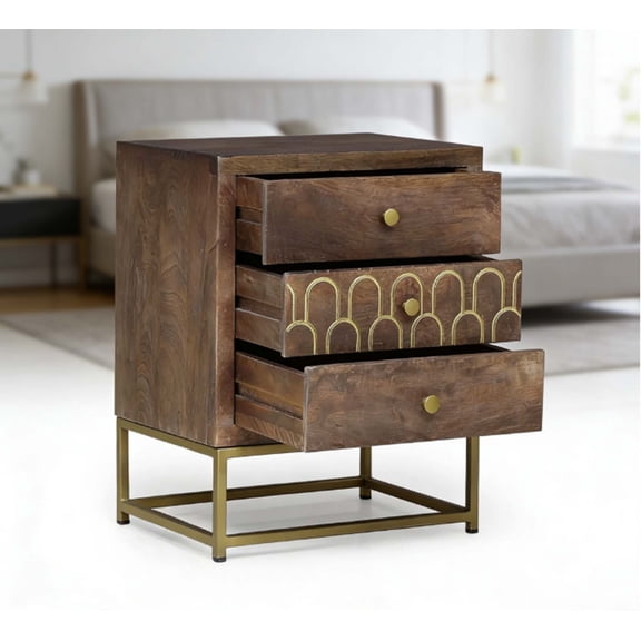 Wide Antique Nightstand, 3-Drawer Vintage Farmhouse Style in Solid Mango Wood, Bedside Table with Gold Metal Frame